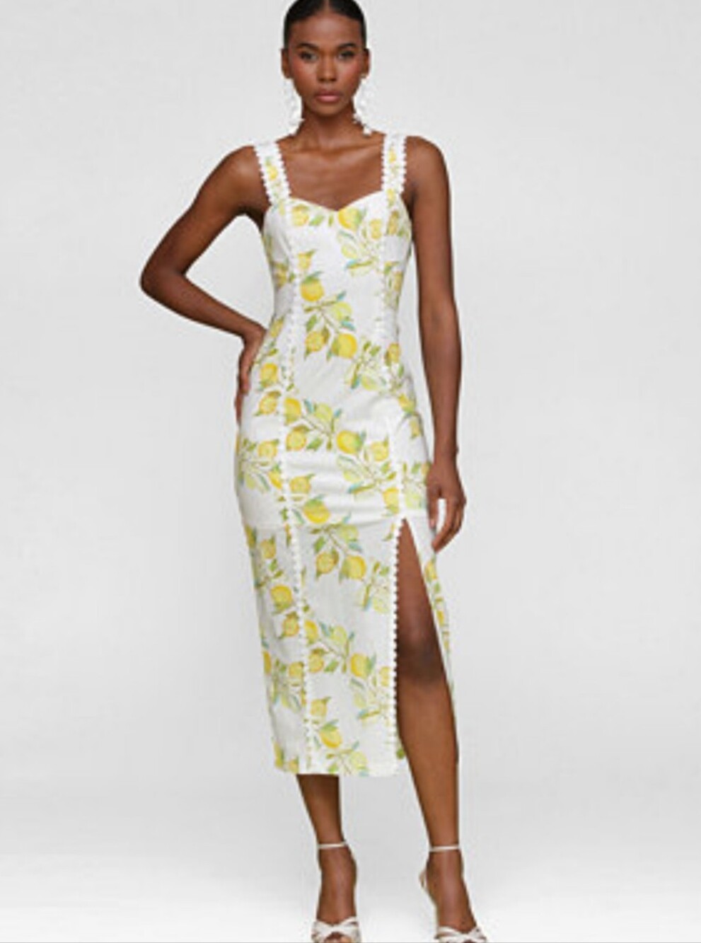 Avec Les Filles White Lemon-Print Midi Dress with Braided Straps Sz 12